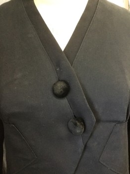Womens, Jacket 1890s-1910s, N/L, Black, Wool, Silk, Solid, B:42, No Lapel, 2 Large Plush Velvet Buttons, Cutaway Style Longer in Back Than Front, Caramel/Gold/Olive/Etc Patterned Silk Lining,