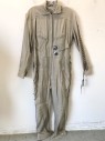 Womens, Sci-Fi/Fantasy Jumpsuit, N/L MTO, Beige, Rayon, Solid, W:32, B:38, Boiler Suit/Coverall Style, Long Sleeves, Zip Front, Collar Attached, Twill Lace Up Detail at Sides and Sleeve Outseam, Silver Metal Gears at Waist, 5 Zip Pockets, Reinforced Knees, Made To Order **Missing Laces on One Sleeve