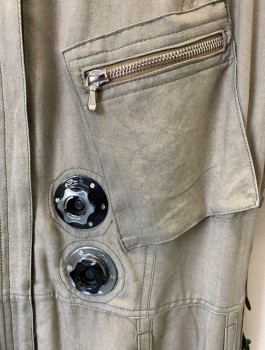 Womens, Sci-Fi/Fantasy Jumpsuit, N/L MTO, Beige, Rayon, Solid, W:32, B:38, Boiler Suit/Coverall Style, Long Sleeves, Zip Front, Collar Attached, Twill Lace Up Detail at Sides and Sleeve Outseam, Silver Metal Gears at Waist, 5 Zip Pockets, Reinforced Knees, Made To Order **Missing Laces on One Sleeve