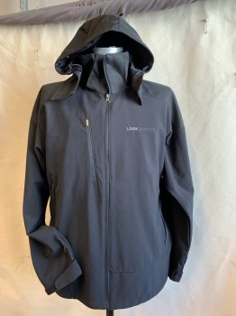 TRI-MOUNTAIN, Black, Polyester, Spandex, Solid, Collar Attached, with DETACHABLE HOOD, Gray Perforated Texture Lining, Shoulder Patches, 3 Pockets with Zipper, Long Sleeves (1 Pocket with Zipper on Left Arm) with Velcro Closure, Black D-string Hem