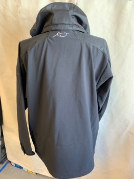 TRI-MOUNTAIN, Black, Polyester, Spandex, Solid, Collar Attached, with DETACHABLE HOOD, Gray Perforated Texture Lining, Shoulder Patches, 3 Pockets with Zipper, Long Sleeves (1 Pocket with Zipper on Left Arm) with Velcro Closure, Black D-string Hem