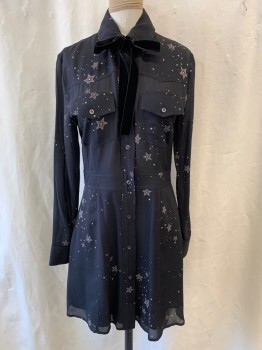 A.L.C., Black, Beige, White, Yellow, Polyester, Rayon, Stars, Collar Attached, Button Front, Long Sleeves, 2 Patch Pockets with Flaps, Neck Tie Attached