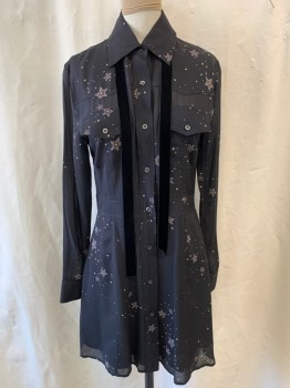 A.L.C., Black, Beige, White, Yellow, Polyester, Rayon, Stars, Collar Attached, Button Front, Long Sleeves, 2 Patch Pockets with Flaps, Neck Tie Attached