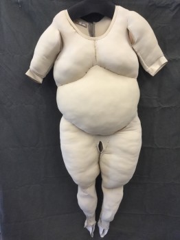 Unisex, Fat Padding, N/L MTO, Tan Brown, Synthetic, Solid, 38, Inside, Full Body Fat Suit, When Worn Chest 44, Belly 48", Tan Spandex, Styrofoam Beads As Filling, Zipper in Back with Velcro, Short Sleeves, Short Sleeves with Vented Armholes, Elastic Stirrups, Pee Hole, Made To Order