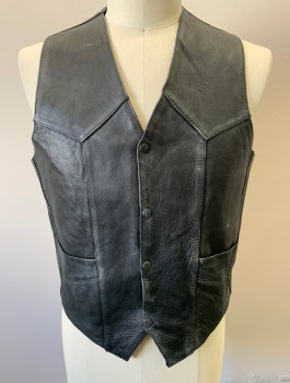 NEW AGE COLLECTION, Black, Leather, Solid, Logo , Biker Vest, Snap Front, V-neck, Western Style Yoke, Large "BURNING BASTARDS" Graphic Patch in Back with Red and Ochre Winged Skulls