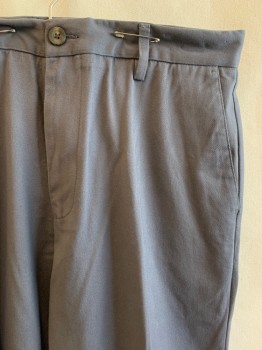 AMAZON ESSENTIAL, Gray, Cotton, Solid, Flat Front, 4 Pockets, Zip Fly, Button Closure, Belt Loops