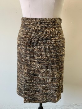 ZARA, Brown, Lt Brown, Beige, Acrylic, Wool, Speckled, Skirt, Straight Cut Through Hips,Bumpy Boucle Texture Fabric, Knee Length, 2 Vents at Either Side of Hem (Both in Front and Back), Invisible Zipper at Side