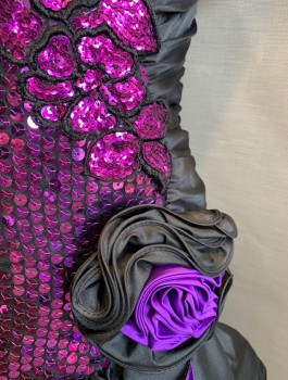 Womens, Evening Gown, ALYCE DESIGNS, Black, Purple, Polyester, Sequins, Solid, Floral, W:25, B:32, H:36, Taffeta, Voluminous Short Sleeves with Alternating Black/Purple Ruffles, Sweetheart Bust, Dropped Waist, Half of Torso is Purple Paillettes and Sequin Appliques, 3D Rose at Hip, Mermaid Hem,