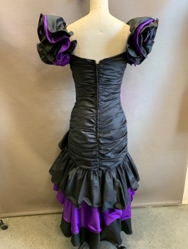 Womens, Evening Gown, ALYCE DESIGNS, Black, Purple, Polyester, Sequins, Solid, Floral, W:25, B:32, H:36, Taffeta, Voluminous Short Sleeves with Alternating Black/Purple Ruffles, Sweetheart Bust, Dropped Waist, Half of Torso is Purple Paillettes and Sequin Appliques, 3D Rose at Hip, Mermaid Hem,