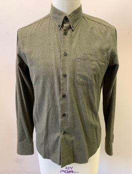 BARNEY'S NY, Olive Green, Cotton, Solid, Herringbone, Flannel, Pilled Texture, Long Sleeve Button Front, Collar Attached, Button Down Collar, 1 Patch Pocket