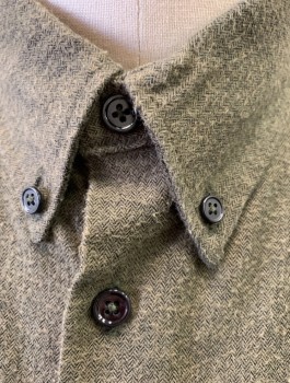 Mens, Casual Shirt, BARNEY'S NY, Olive Green, Cotton, Solid, Herringbone, L, Flannel, Pilled Texture, Long Sleeve Button Front, Collar Attached, Button Down Collar, 1 Patch Pocket