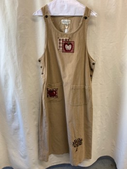Womens, Jumper, MANDAL BAY , Khaki Brown, Cotton, Novelty Pattern, W: 40, L, Corduroy With Patches Of Maroon Apples, Tree, Etc, Scoop Neck, Pinafore Dress, 2 Pockets, Teacher