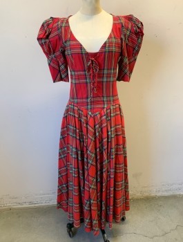 KAREN ALEXANDER, Red, Black, Forest Green, Yellow, White, Cotton, Plaid, Short Puffy Sleeves with Smocked Panel, V-neck, Lace Up Panel at Center Front, V Shaped Waist, Pleated Waist, Ankle Length, Prairie Dress,