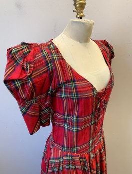 KAREN ALEXANDER, Red, Black, Forest Green, Yellow, White, Cotton, Plaid, Short Puffy Sleeves with Smocked Panel, V-neck, Lace Up Panel at Center Front, V Shaped Waist, Pleated Waist, Ankle Length, Prairie Dress,