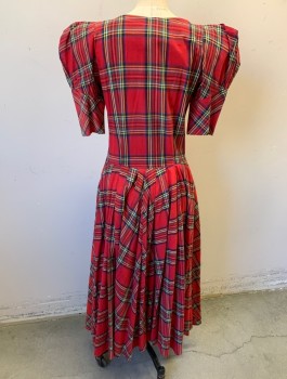 Womens, Dress, KAREN ALEXANDER, Red, Black, Forest Green, Yellow, White, Cotton, Plaid, W:28, B:34, Short Puffy Sleeves with Smocked Panel, V-neck, Lace Up Panel at Center Front, V Shaped Waist, Pleated Waist, Ankle Length, Prairie Dress,