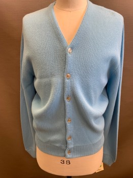 Mens, Sweater, SEARS, Baby Blue, Acrylic, Solid, M, V-neck, Cardigan, Long Sleeves, Small Hole in Shoulder,