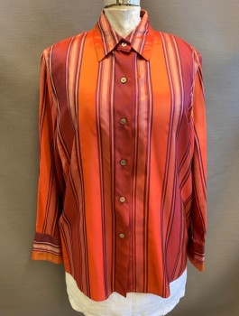 Womens, Blouse, ELLEN TRACY, Red-Orange, Purple, Orange, Acetate, Stripes - Vertical , B:50, Sz.24, Long Sleeves, Button Front, Collar Attached, Padded Shoulders,