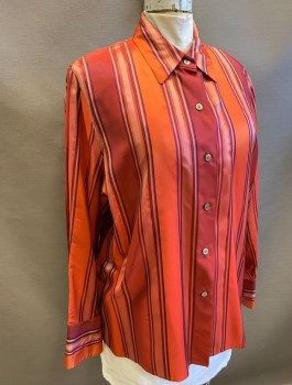 Womens, Blouse, ELLEN TRACY, Red-Orange, Purple, Orange, Acetate, Stripes - Vertical , B:50, Sz.24, Long Sleeves, Button Front, Collar Attached, Padded Shoulders,