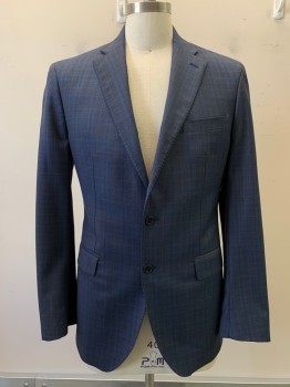 SAKS 5TH AVENUE, Navy Blue, Gray, Blue, Wool, Plaid, 2 Buttons, Single Breasted, Notched Lapel, 3 Pockets
