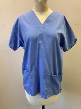 CHEROKEE, Lt Blue, Poly/Cotton, Pullover, V-neck, Short Sleeves, 3 Pockets