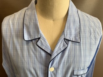 MAJESTIC, Lt Blue, White, Blue, Navy Blue, Cotton, Plaid-  Windowpane, Button Front, Long Sleeves, Collar Attached, 1 Pocket,