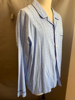 MAJESTIC, Lt Blue, White, Blue, Navy Blue, Cotton, Plaid-  Windowpane, Button Front, Long Sleeves, Collar Attached, 1 Pocket,