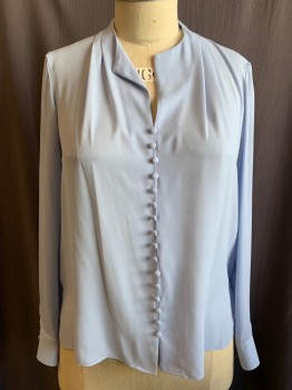 CALVIN KLEIN, Baby Blue, Polyester, Solid, Pullover, Crepe, Fabric Covered Faux Button Front, V-neck, Pleated at Shoulders, Long Sleeves, Button Cuff, Gathered at Back Neck