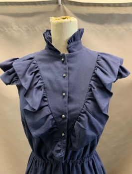 VANESSA BARRANTES, Navy Blue, Cotton, Polyester, Solid, Ruffle Front Collar & Bodice. Button Front.Elastic Waist.