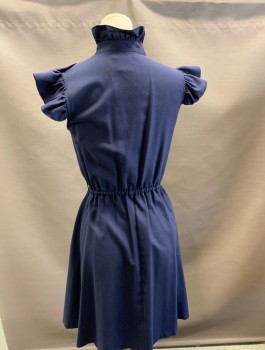 VANESSA BARRANTES, Navy Blue, Cotton, Polyester, Solid, Ruffle Front Collar & Bodice. Button Front.Elastic Waist.
