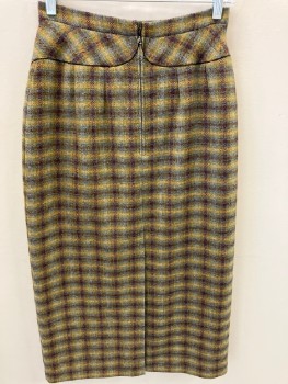 Womens, Skirt, N/L, Olive Green, Blue, Red Burgundy, Gold, Wool, Plaid, H32, W26, Fine Black Piping Detail Around Hips & Back Yolk , Dbl. Front  Box Pleats, CB Zipper & Pleat *Multiples*