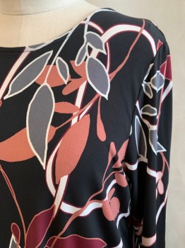 ALFANI, Black, Red Burgundy, White, Gray, Pink, Polyester, Spandex, Floral, Scoop Neck, 3/4 Sleeve, Asymmetrical Hem with Zipper Detail