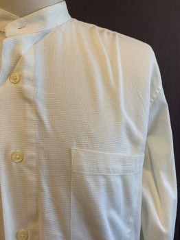 Mens, Shirt 1890s-1910s, L'HOMME, White, Cotton, Solid, 27, 15.5, Band Collar, Button Front, L/S, 1 Pocket, Textured *Stain on Right Cuff*
