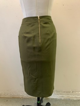 M&S COLLECTION, Olive Green, Polyester, Viscose, Solid, Pencil Fit, 2" Wide Self Waistband, 2 Patch Pockets at Hips, Vent at Center Front Hem, Exposed Gold Zipper at Center Back Waist