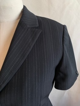TAHARI, Black, White, Polyester, Rayon, Stripes - Pin, BLAZER, Single Breasted, 3 Buttons, Short Sleeves, Peaked Lapel, 2 Pockets, 1 Button at Cuffs