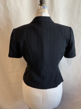 TAHARI, Black, White, Polyester, Rayon, Stripes - Pin, BLAZER, Single Breasted, 3 Buttons, Short Sleeves, Peaked Lapel, 2 Pockets, 1 Button at Cuffs