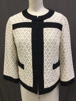 TABITHA, Cream, Putty/Khaki Gray, Black, Cotton, Wool, Novelty Pattern, Solid, Novelty Cream Lace Over Putty Base with Black Wool Trim at Crew Neck, Center Front, Hemline and Cuffs As Well As Pocket Trim. Bolero Cut, Hook and Eye Closure at Center Front,