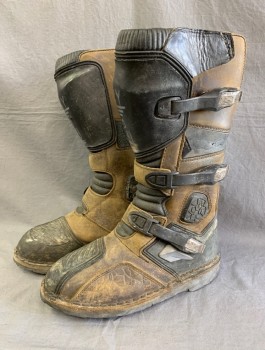 N/L MTO, Brown, Black, Leather, Rubber, Tactical Futuristic Boots, Panels of Aged Leather, Silver Buckles at Sides, Text Stamped on Front "XY 29",  Just Below Knee Length, Made To Order, Multiples