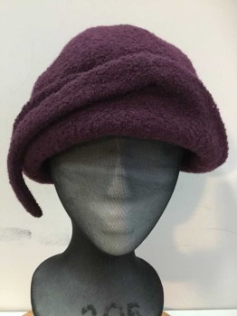 Womens, Cloche, IGNATIUS, Wine Red, Wool, Solid, L, Unstructured Gored Round Crown. Rolled Asymmetrical Brim, Boucle, Could Be Used As Vintage 1930s