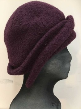 Womens, Cloche, IGNATIUS, Wine Red, Wool, Solid, L, Unstructured Gored Round Crown. Rolled Asymmetrical Brim, Boucle, Could Be Used As Vintage 1930s