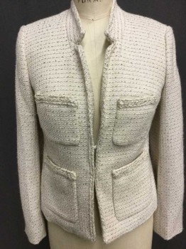 J CREW, Ecru, Gold, Polyester, Acrylic, Tweed, Single Breasted, 2 Hook & Eyes, 4 Patch Pockets, Stand Collar, Chanel Style