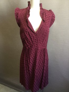 SANDRO, Maroon Red, Viscose, Geometric, Maroon with Self Circle Print, V-neck & Sleeveless with Self Ruffle Trim, Side Zip, Small Gather Side Front