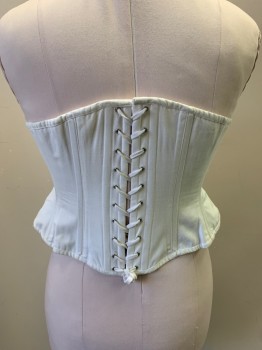 Womens, Corset 1890s-1910s, MTO, Off White, Cotton, Solid, W31, B40, Off White, Off White Trim and Lacing Back, Steel Bones, Bent Bones at Waist,