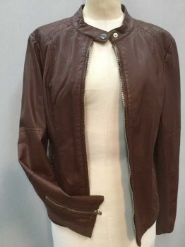 BLACK RIVET, Brown, Cream, Black, Tan Brown, Leather, Polyester, Solid, Animal Print, Stand Collar W/snap, Quilt @ Shoulder, Zip Front, 2 Vertical Pocket Zipper, Long Sleeves W/zipper Cuffs, Double Knit Brown Under Arm