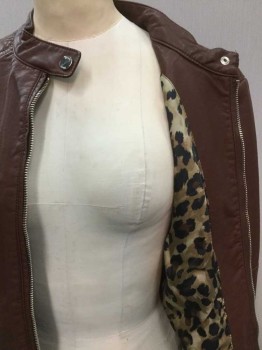 BLACK RIVET, Brown, Cream, Black, Tan Brown, Leather, Polyester, Solid, Animal Print, Stand Collar W/snap, Quilt @ Shoulder, Zip Front, 2 Vertical Pocket Zipper, Long Sleeves W/zipper Cuffs, Double Knit Brown Under Arm