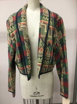 Womens, Jacket, New Identity, Red, Navy Blue, Green, Tan Brown, Cotton, Geometric, Medium, No Closures, Shoulder Pads, Shawl Lapel, Navy Tape Edge, Tapestry