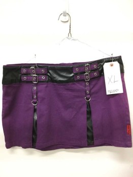 Tripp, Purple, Black, Cotton, Vinyl, Mini Skirt, Back Zip, Box Pleats, Silver Hardwear And Grommets