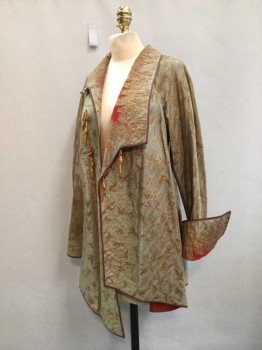Womens, Sci-Fi/Fantasy Coat/Robe, M.T.O., Olive Green, Rust Orange, Red, Silk, Wool, Abstract , XS, Wide Asymmetrical Lapel, 4 Cracked Gold & Red Leather Toggle Closure, Raglan Sleevles with Open Under Arms