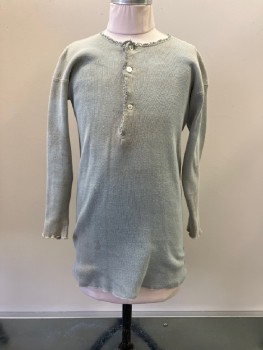 Childrens, Shirt 1890s-1910s, N/L, Slate Gray, Cotton, Solid, C:30, Boys Henley, Rib Knit Jersey, 3/4 Sleeve, 3 Button Front, Crochet Detail at Neck And Placket, Aged/distressed