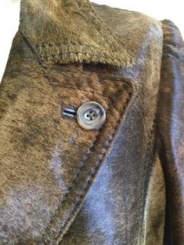Mens, Coat, N/L, Brown, Lt Brown, Dk Brown, Fur, Solid, 40, Cow Hide/Panels, , Single Breasted, Wide Lapel, 4 Buttons, 2 Patch Pockets, Houndstooth with Windowpane Lining, Could Be Used As 1970's  ** 2 Pieces, with Matching Self Material Belt