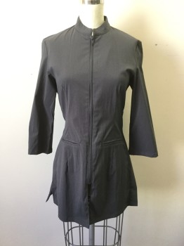 Womens, Sci-Fi/Fantasy Top, NOEL ASMAR, Dk Gray, Polyester, Nylon, Solid, XXS, 3/4 Sleeves, Zip Front, Stand Collar, 2 Welt Pockets at Hips, Slits at Side Seams and Cuffs, Slim/Fitted